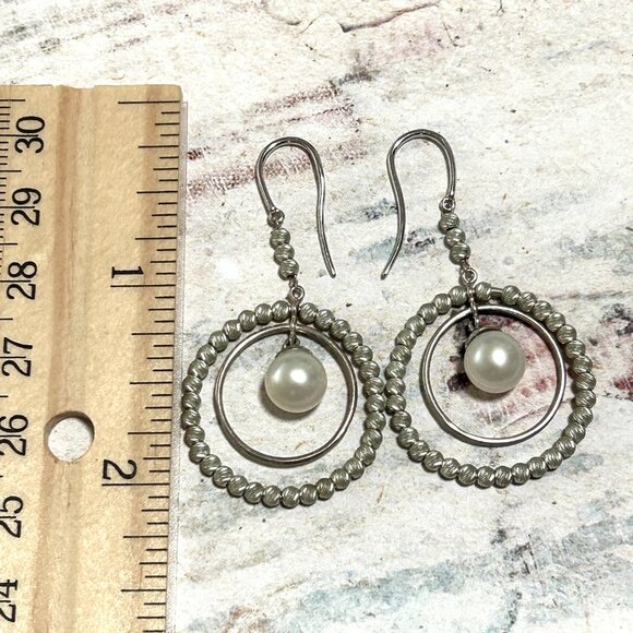 Long Sterling Silver Fresh Water Pearl Fancy Beaded Dangle Earrings Hoop Circle - Picture 3 of 9